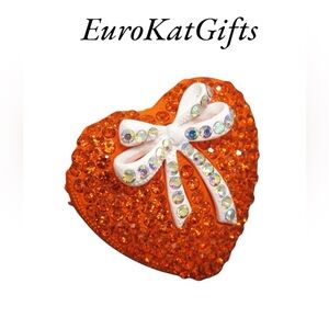 NEW Red CrystalHeart Brooch Pin with iridescent crystals White Bow NEW